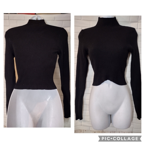 Forever 21 Black Ribbed Long Sleeve Mock Neck Crop Top Sweater - Picture 1 of 8
